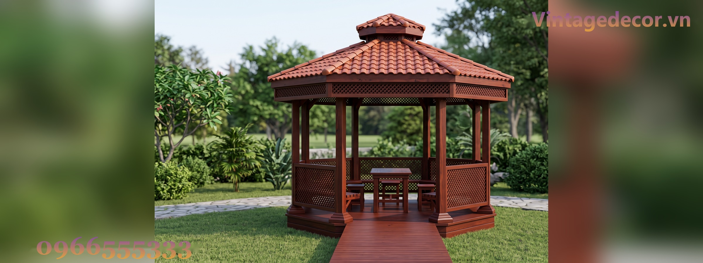 Chòi Gỗ Sân Vườn T50 - Lục Giác Vách Mắt Cáo Bàn Ghế Liền, Gỗ Thông Chòi Gỗ Sân Vườn T50 - Lục Giác Vách Mắt Cáo Bàn Ghế Liền, Gỗ Thông