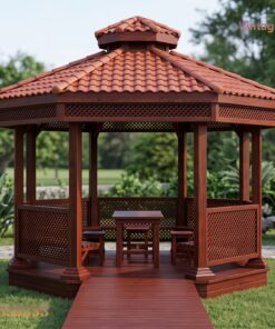 Chòi Gỗ Sân Vườn T50 - Lục Giác Vách Mắt Cáo Bàn Ghế Liền, Gỗ Thông