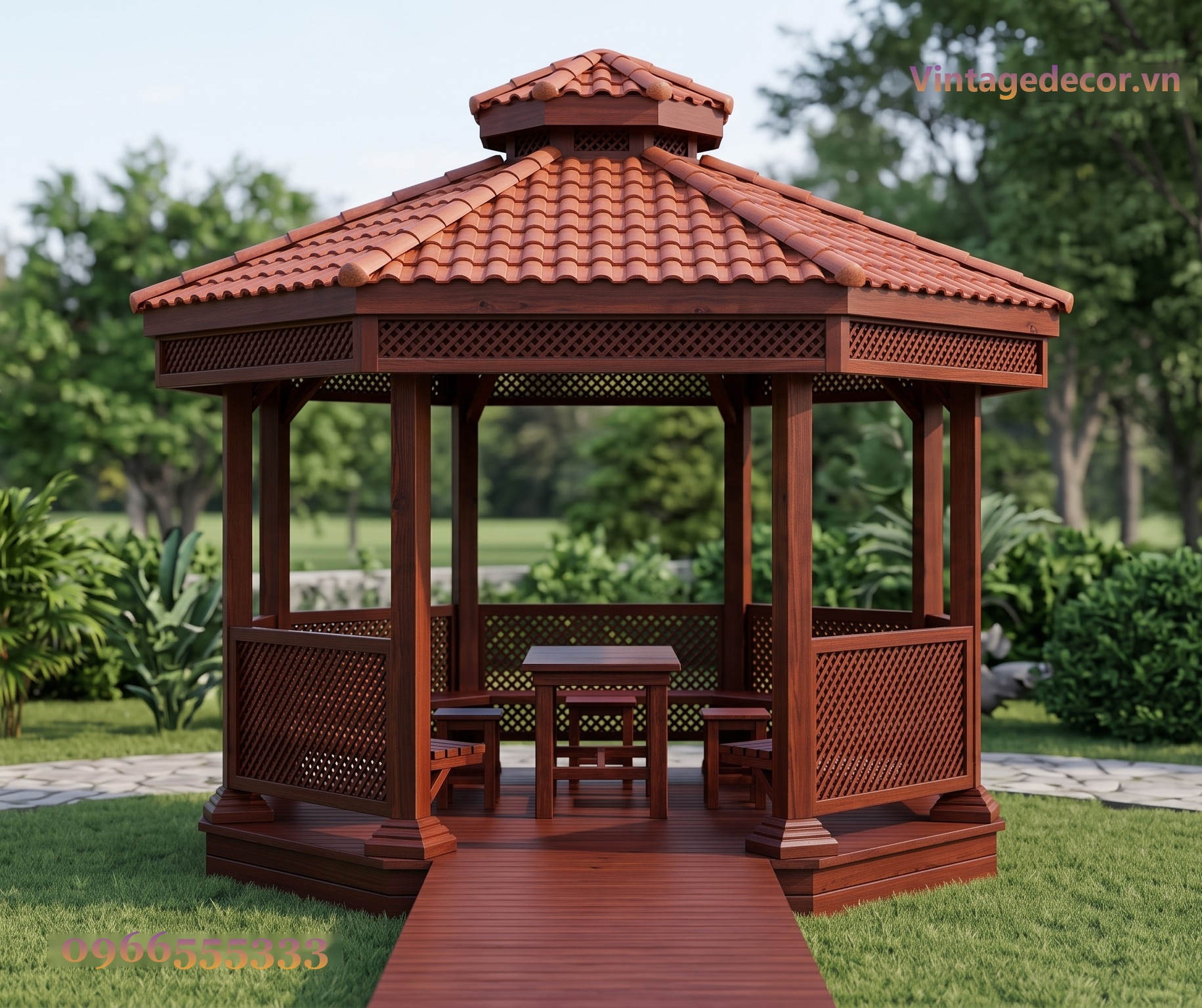 Chòi Gỗ Sân Vườn T50 - Lục Giác Vách Mắt Cáo Bàn Ghế Liền, Gỗ Thông Chòi Gỗ Sân Vườn T50 - Lục Giác Vách Mắt Cáo Bàn Ghế Liền, Gỗ Thông