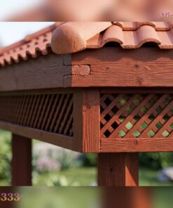 Chòi Gỗ Sân Vườn T50 - Lục Giác Vách Mắt Cáo Bàn Ghế Liền, Gỗ Thông