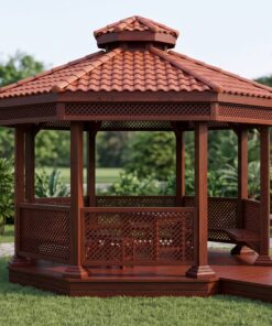 Chòi Gỗ Sân Vườn T50 - Lục Giác Vách Mắt Cáo Bàn Ghế Liền, Gỗ Thông