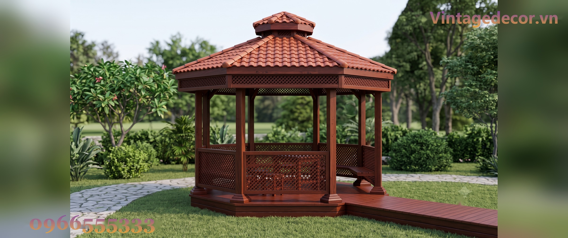 Chòi Gỗ Sân Vườn T50 - Lục Giác Vách Mắt Cáo Bàn Ghế Liền, Gỗ Thông Chòi Gỗ Sân Vườn T50 - Lục Giác Vách Mắt Cáo Bàn Ghế Liền, Gỗ Thông