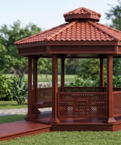 Chòi Gỗ Sân Vườn T50 - Lục Giác Vách Mắt Cáo Bàn Ghế Liền, Gỗ Thông