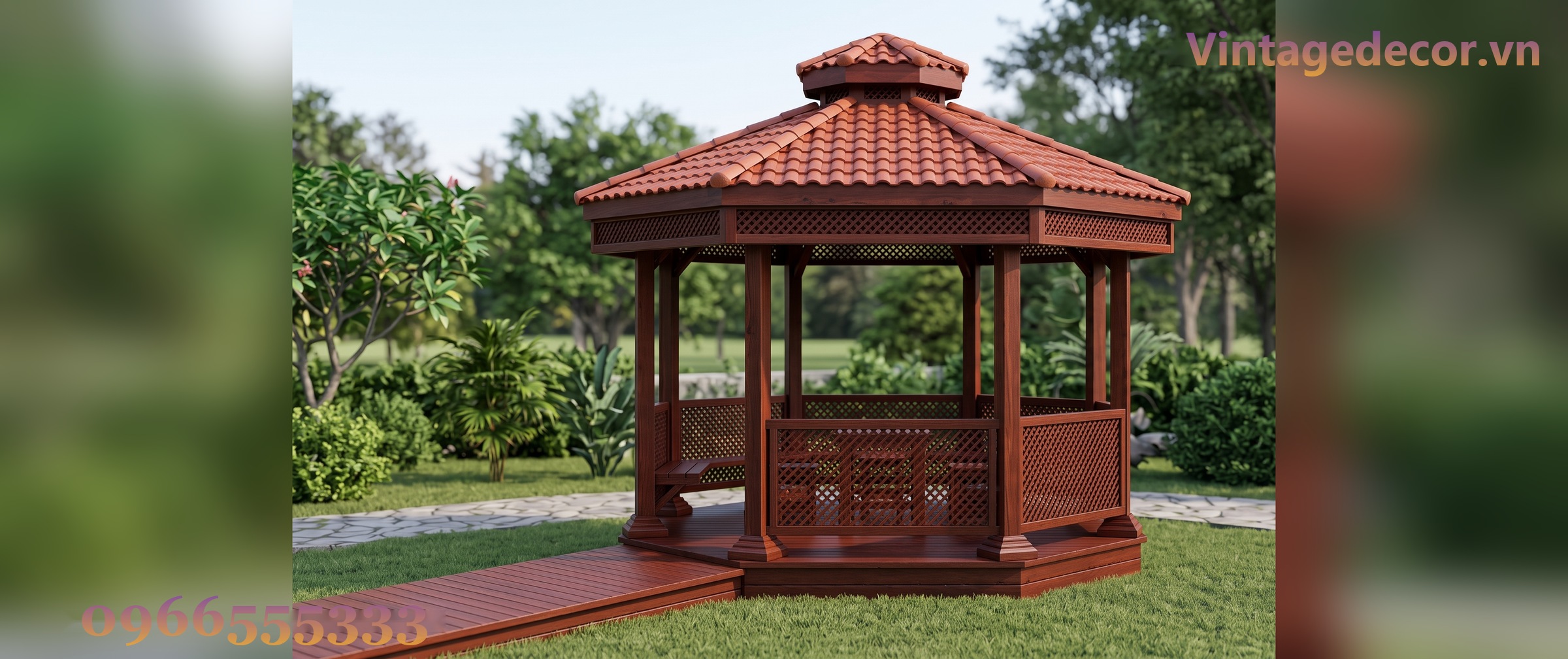 Chòi Gỗ Sân Vườn T50 - Lục Giác Vách Mắt Cáo Bàn Ghế Liền, Gỗ Thông Chòi Gỗ Sân Vườn T50 - Lục Giác Vách Mắt Cáo Bàn Ghế Liền, Gỗ Thông