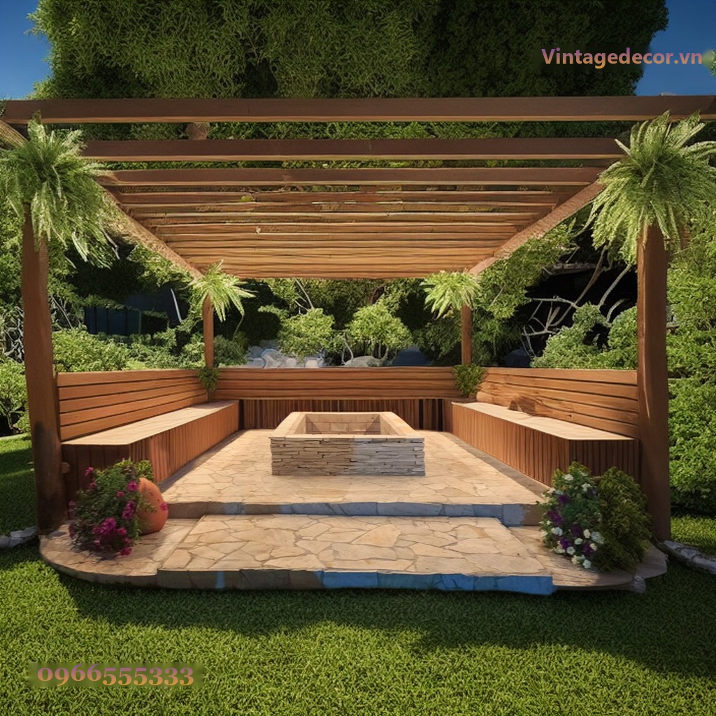 Chòi Gỗ Sân Vườn T52 - Ghế Băng Chữ U Bồn Lửa Đá, Gỗ Thông Chòi Gỗ Sân Vườn T52 - Ghế Băng Chữ U Bồn Lửa Đá, Gỗ Thông