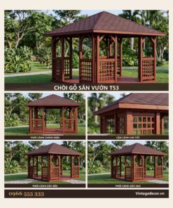 Chòi Gỗ Sân Vườn T53 - Vuông Bốn Mái Vách Mắt Cáo, Gỗ Thông