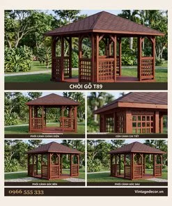 Chòi Gỗ Sân Vườn T89 - Vuông Bốn Mái Vách Nan Ô Vuông, Gỗ Thông