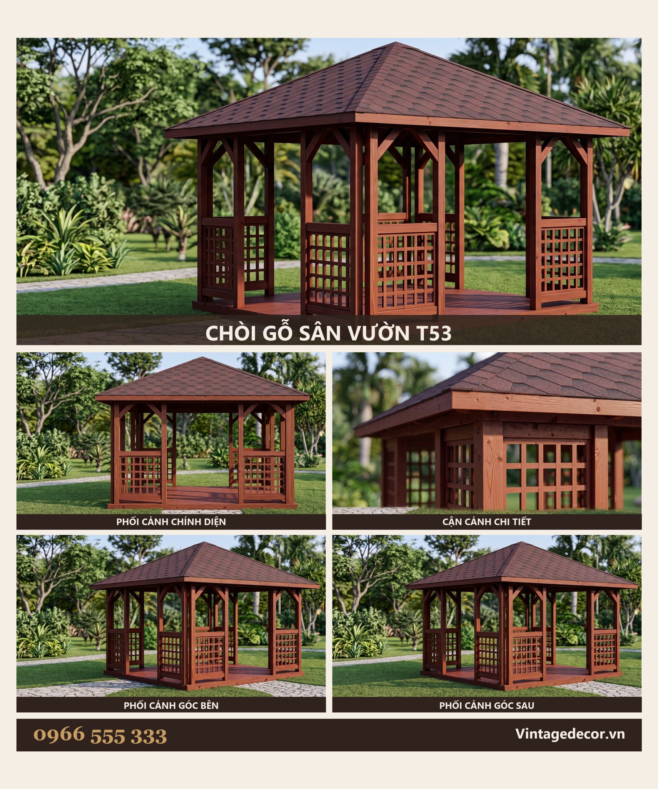 Chòi Gỗ Sân Vườn T53 - Vuông Bốn Mái Vách Mắt Cáo, Gỗ Thông Chòi Gỗ Sân Vườn T53 - Vuông Bốn Mái Vách Mắt Cáo, Gỗ Thông