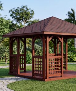 Chòi Gỗ Sân Vườn T53 - Vuông Bốn Mái Vách Mắt Cáo, Gỗ Thông