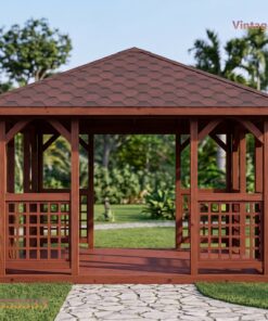 Chòi Gỗ Sân Vườn T53 - Vuông Bốn Mái Vách Mắt Cáo, Gỗ Thông