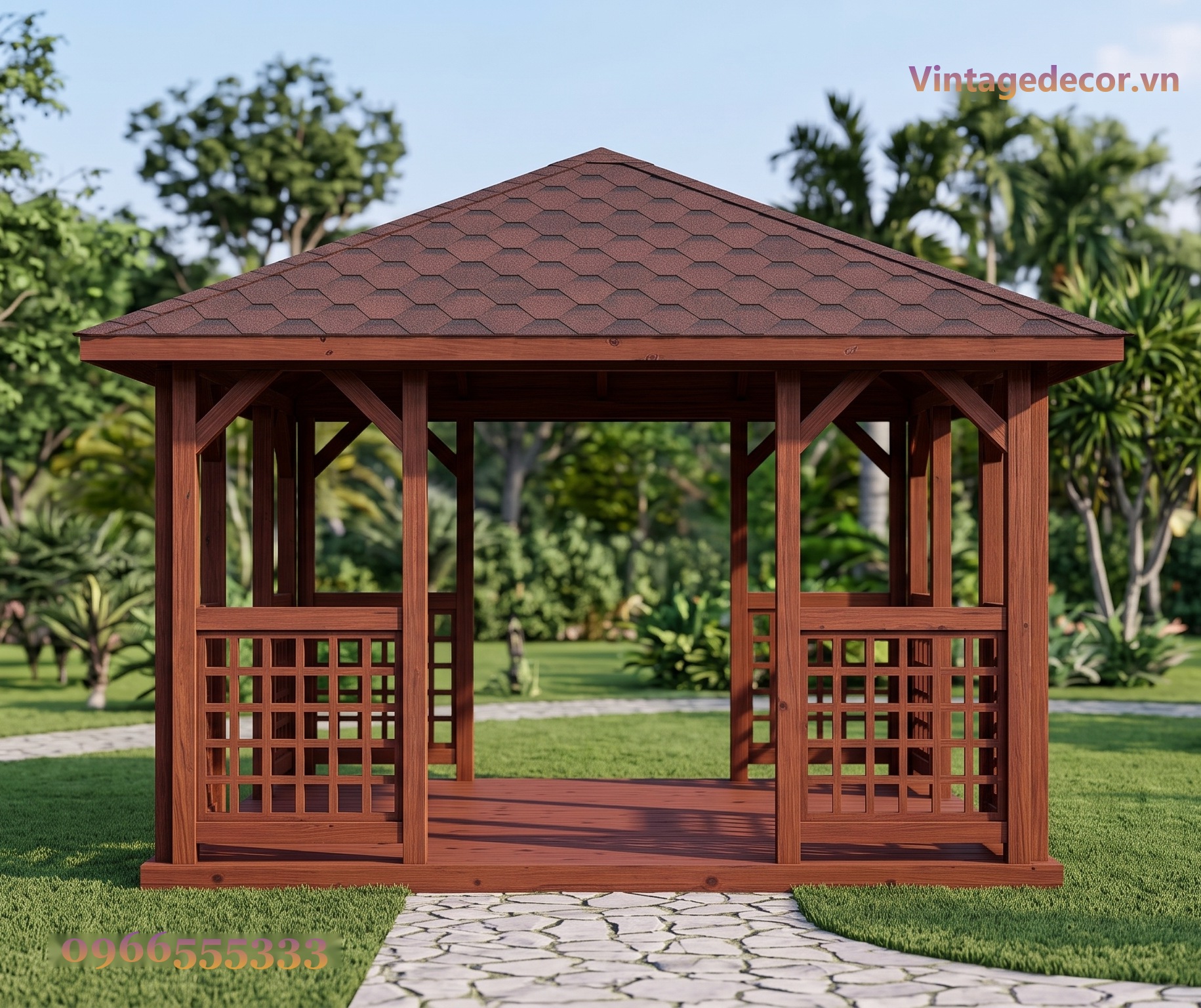Chòi Gỗ Sân Vườn T53 - Vuông Bốn Mái Vách Mắt Cáo, Gỗ Thông Chòi Gỗ Sân Vườn T53 - Vuông Bốn Mái Vách Mắt Cáo, Gỗ Thông
