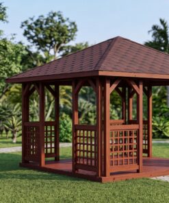 Chòi Gỗ Sân Vườn T53 - Vuông Bốn Mái Vách Mắt Cáo, Gỗ Thông