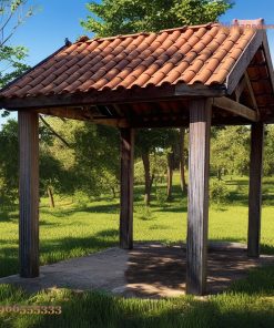 Chòi Gỗ Sân Vườn T56 - Bốn Cột Gỗ Mái Ngói Đỏ Hai Mái, Gỗ Thông