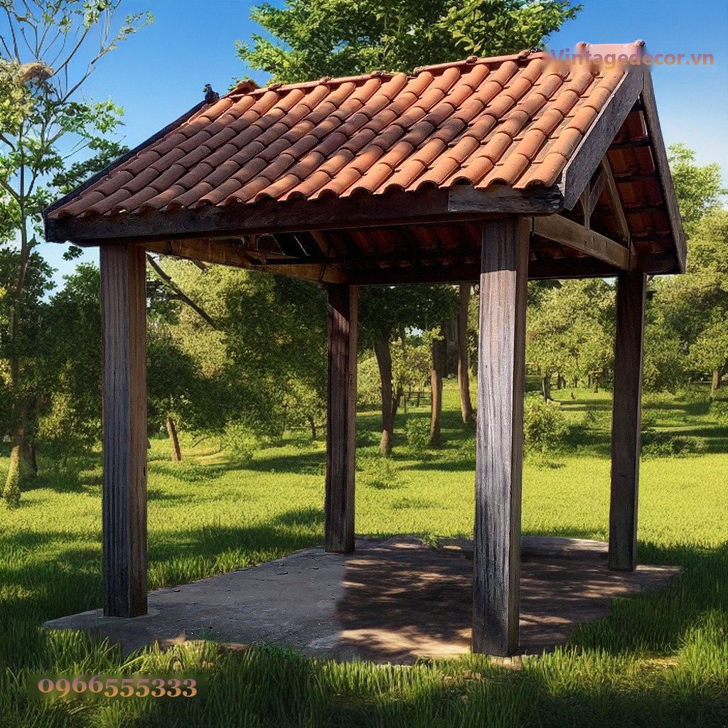 Chòi Gỗ Sân Vườn T56 - Bốn Cột Gỗ Mái Ngói Đỏ Hai Mái, Gỗ Thông Chòi Gỗ Sân Vườn T56 - Bốn Cột Gỗ Mái Ngói Đỏ Hai Mái, Gỗ Thông