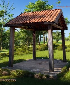 Chòi Gỗ Sân Vườn T56 - Bốn Cột Gỗ Mái Ngói Đỏ Hai Mái, Gỗ Thông
