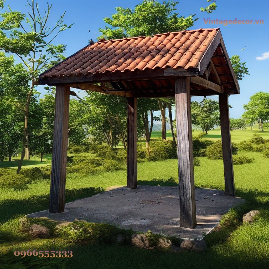 Chòi Gỗ Sân Vườn T56 - Bốn Cột Gỗ Mái Ngói Đỏ Hai Mái, Gỗ Thông Chòi Gỗ Sân Vườn T56 - Bốn Cột Gỗ Mái Ngói Đỏ Hai Mái, Gỗ Thông