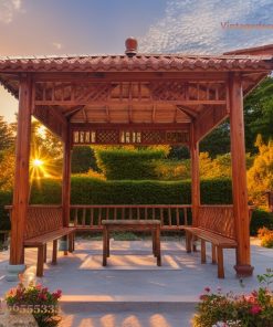 Chòi Gỗ Sân Vườn T6 - Mái Cong Đầu Đao Ghế Băng Liền, Gỗ Thông