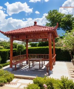 Chòi Gỗ Sân Vườn T6 - Mái Cong Đầu Đao Ghế Băng Liền, Gỗ Thông