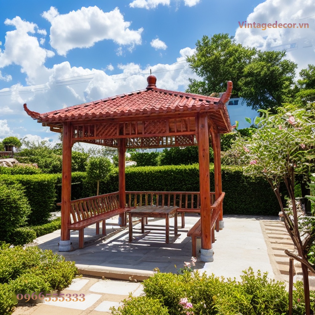 Chòi Gỗ Sân Vườn T6 - Mái Cong Đầu Đao Ghế Băng Liền, Gỗ Thông Chòi Gỗ Sân Vườn T6 - Mái Cong Đầu Đao Ghế Băng Liền, Gỗ Thông