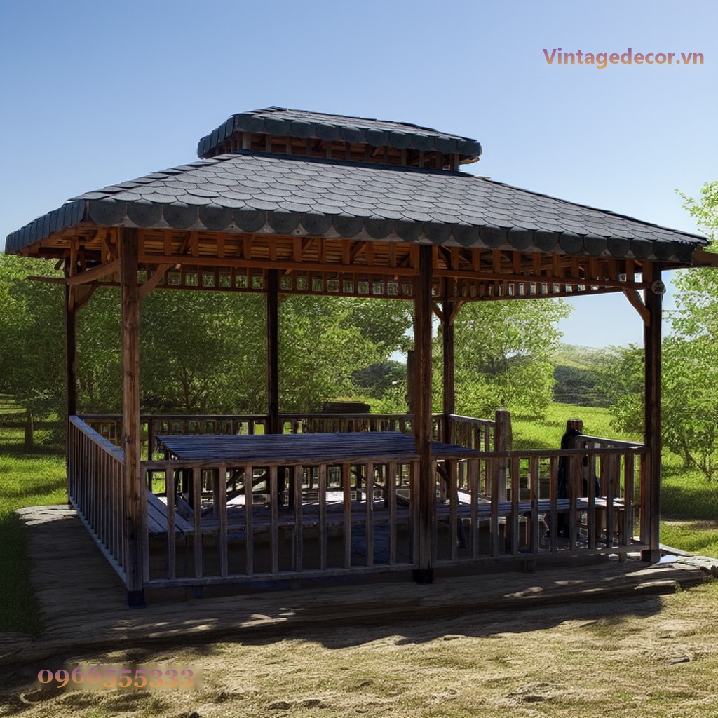 Chòi Gỗ Sân Vườn T60 - Hai Tầng Mái Sàn Nâng Lan Can, Gỗ Thông Chòi Gỗ Sân Vườn T60 - Hai Tầng Mái Sàn Nâng Lan Can, Gỗ Thông