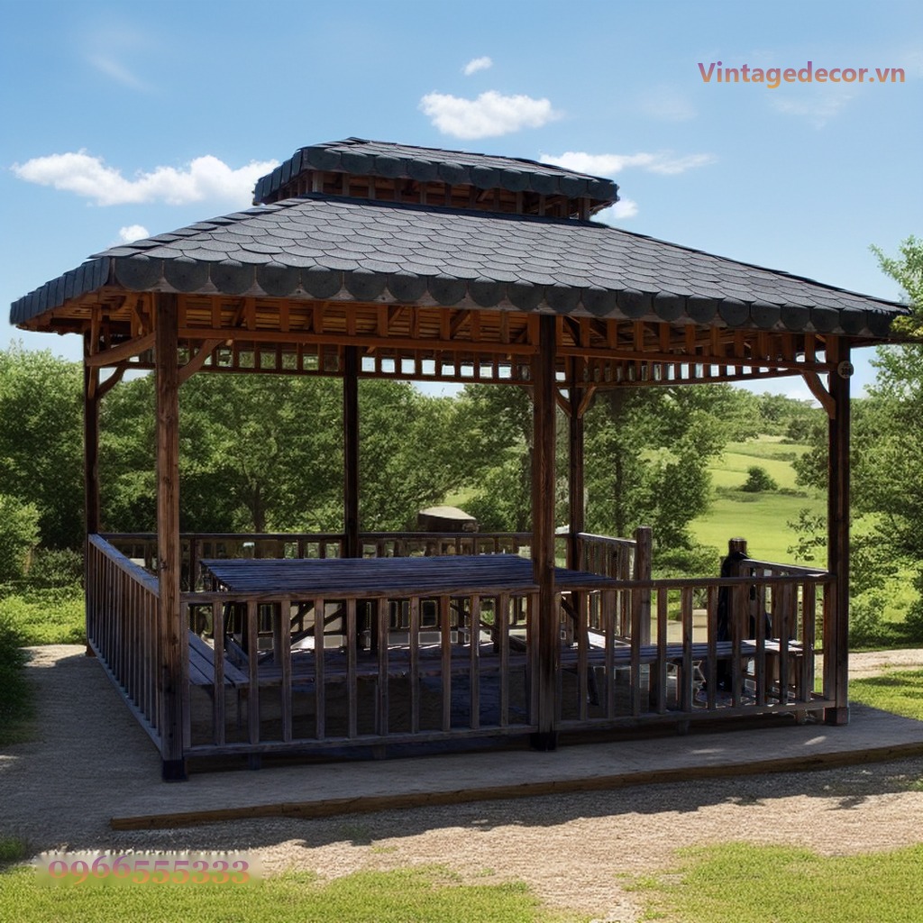 Chòi Gỗ Sân Vườn T60 - Hai Tầng Mái Sàn Nâng Lan Can, Gỗ Thông Chòi Gỗ Sân Vườn T60 - Hai Tầng Mái Sàn Nâng Lan Can, Gỗ Thông