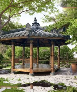 Chòi Gỗ Sân Vườn T62 - Lục Giác Mái Ngói Âm Dương Cột Tròn, Gỗ Thông