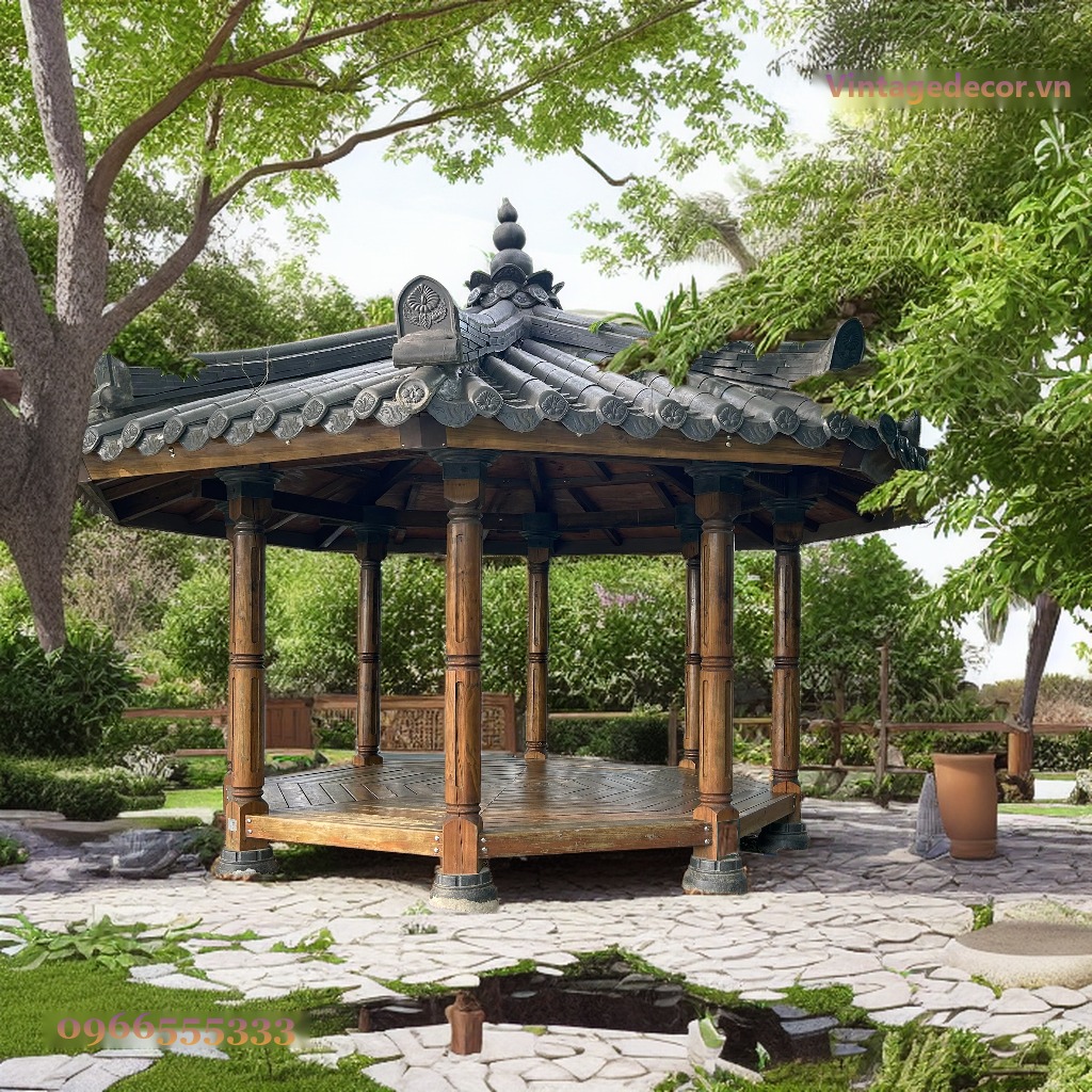 Chòi Gỗ Sân Vườn T62 - Lục Giác Mái Ngói Âm Dương Cột Tròn, Gỗ Thông Chòi Gỗ Sân Vườn T62 - Lục Giác Mái Ngói Âm Dương Cột Tròn, Gỗ Thông