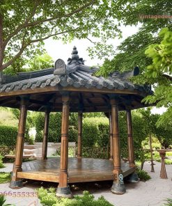 Chòi Gỗ Sân Vườn T62 - Lục Giác Mái Ngói Âm Dương Cột Tròn, Gỗ Thông