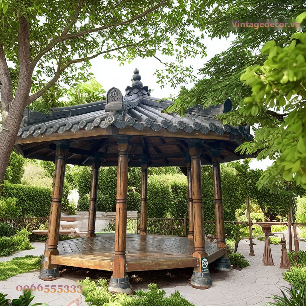 Chòi Gỗ Sân Vườn T62 - Lục Giác Mái Ngói Âm Dương Cột Tròn, Gỗ Thông Chòi Gỗ Sân Vườn T62 - Lục Giác Mái Ngói Âm Dương Cột Tròn, Gỗ Thông