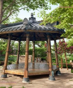 Chòi Gỗ Sân Vườn T62 - Lục Giác Mái Ngói Âm Dương Cột Tròn, Gỗ Thông