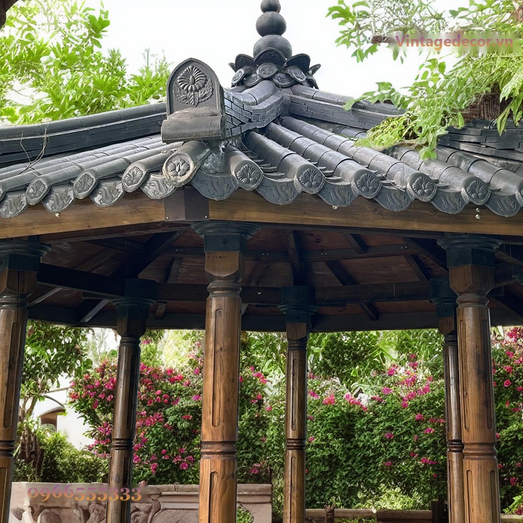 Chòi Gỗ Sân Vườn T62 - Lục Giác Mái Ngói Âm Dương Cột Tròn, Gỗ Thông Chòi Gỗ Sân Vườn T62 - Lục Giác Mái Ngói Âm Dương Cột Tròn, Gỗ Thông