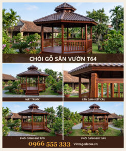 Chòi Gỗ Sân Vườn T64 - Lục Giác Sàn Nâng Bậc Tam Cấp, Gỗ Thông