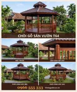 Chòi Gỗ Sân Vườn T64 - Lục Giác Sàn Nâng Bậc Tam Cấp, Gỗ Thông