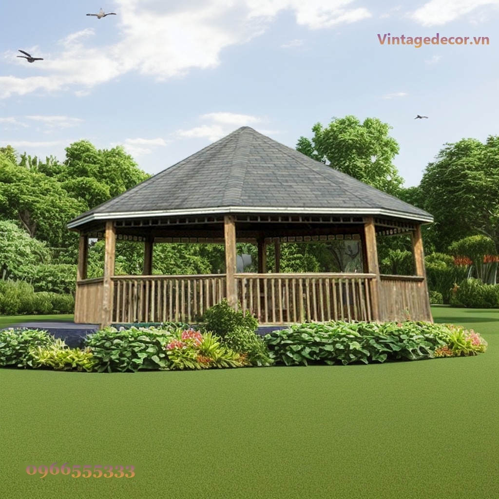 Chòi Gỗ Sân Vườn T65 - Bát Giác Lan Can Gỗ Mái Bitum, Gỗ Thông Chòi Gỗ Sân Vườn T65 - Bát Giác Lan Can Gỗ Mái Bitum, Gỗ Thông