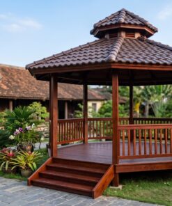 Chòi Gỗ Sân Vườn T64 - Lục Giác Sàn Nâng Bậc Tam Cấp, Gỗ Thông