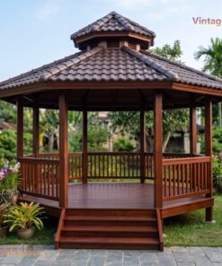 Chòi Gỗ Sân Vườn T64 - Lục Giác Sàn Nâng Bậc Tam Cấp, Gỗ Thông