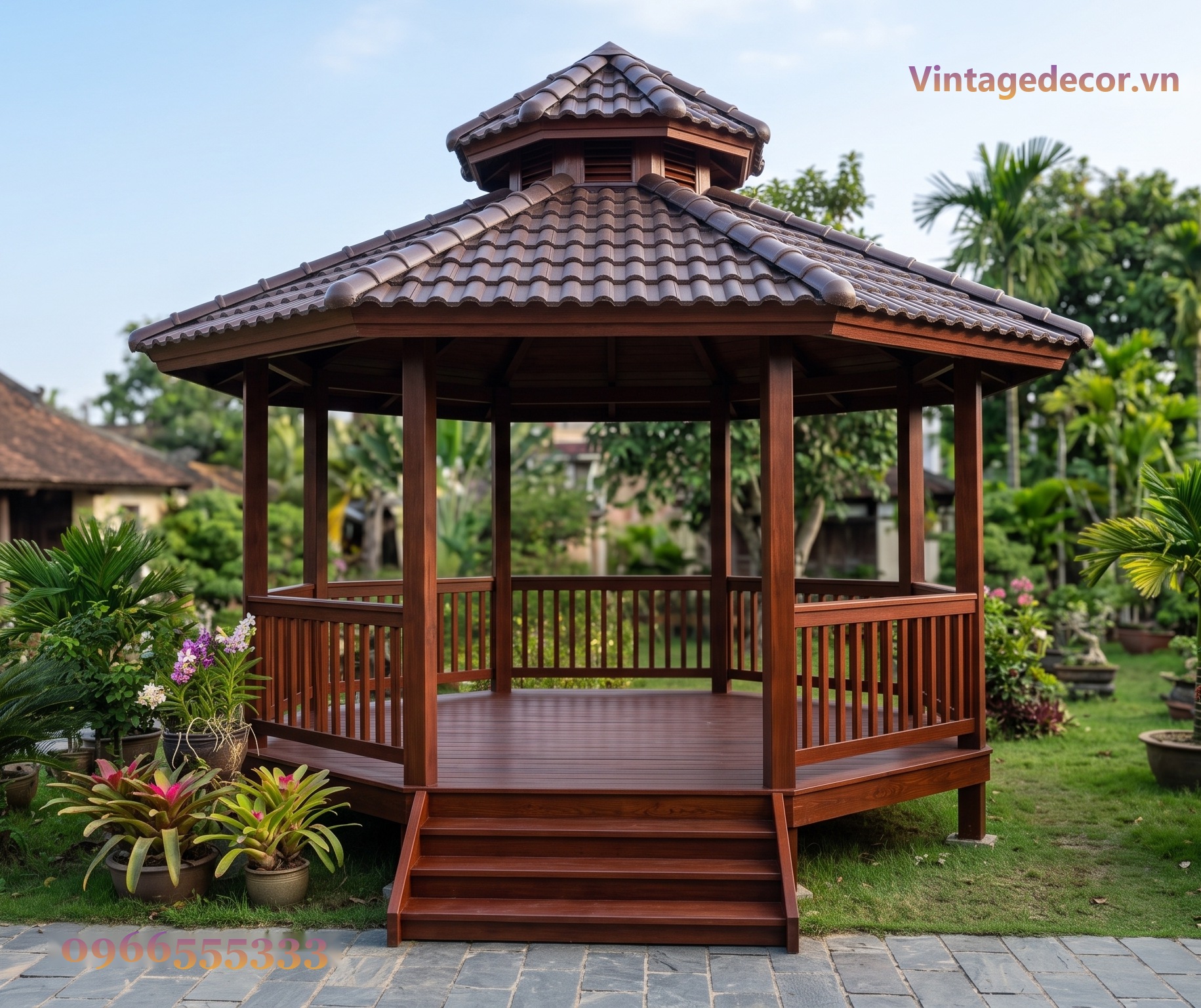 Chòi Gỗ Sân Vườn T64 - Lục Giác Sàn Nâng Bậc Tam Cấp, Gỗ Thông Chòi Gỗ Sân Vườn T64 - Lục Giác Sàn Nâng Bậc Tam Cấp, Gỗ Thông