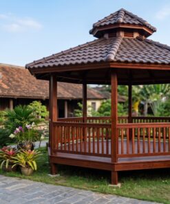 Chòi Gỗ Sân Vườn T64 - Lục Giác Sàn Nâng Bậc Tam Cấp, Gỗ Thông