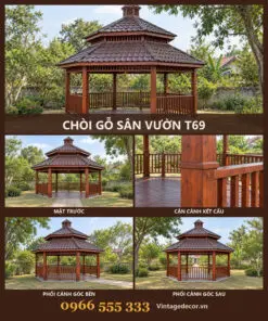 Chòi Gỗ Sân Vườn T69 - Lục Giác Hai Tầng Mái Ngói Nhựa Âm Dương, Gỗ Thông