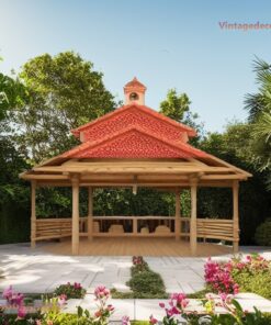 Chòi Gỗ Sân Vườn T69 - Mái Ngói Đỏ Hai Tầng Lan Can Nan, Gỗ Thông