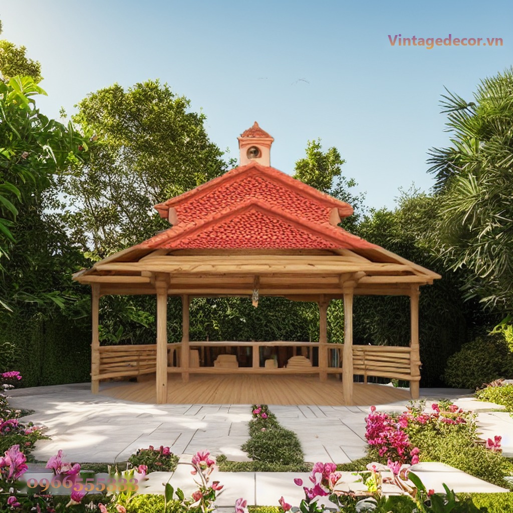 Chòi Gỗ Sân Vườn T69 - Mái Ngói Đỏ Hai Tầng Lan Can Nan, Gỗ Thông Chòi Gỗ Sân Vườn T69 - Mái Ngói Đỏ Hai Tầng Lan Can Nan, Gỗ Thông