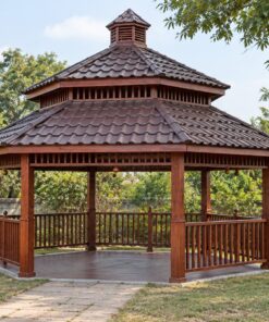 Chòi Gỗ Sân Vườn T69 - Lục Giác Hai Tầng Mái Ngói Nhựa Âm Dương, Gỗ Thông