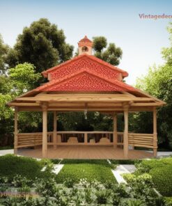 Chòi Gỗ Sân Vườn T69 - Mái Ngói Đỏ Hai Tầng Lan Can Nan, Gỗ Thông