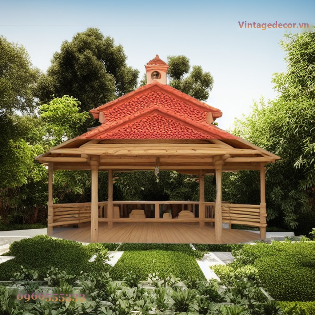 Chòi Gỗ Sân Vườn T69 - Mái Ngói Đỏ Hai Tầng Lan Can Nan, Gỗ Thông Chòi Gỗ Sân Vườn T69 - Mái Ngói Đỏ Hai Tầng Lan Can Nan, Gỗ Thông