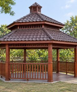 Chòi Gỗ Sân Vườn T69 - Lục Giác Hai Tầng Mái Ngói Nhựa Âm Dương, Gỗ Thông