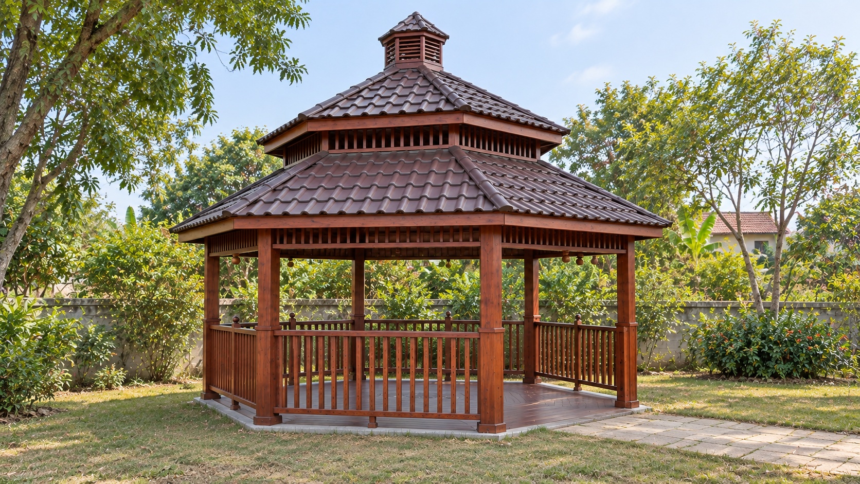 Chòi Gỗ Sân Vườn T69 - Lục Giác Hai Tầng Mái Ngói Nhựa Âm Dương, Gỗ Thông Chòi Gỗ Sân Vườn T69 - Lục Giác Hai Tầng Mái Ngói Nhựa Âm Dương, Gỗ Thông