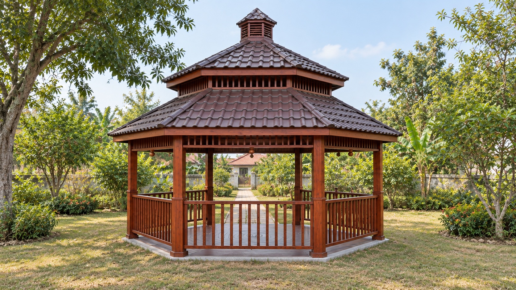 Chòi Gỗ Sân Vườn T69 - Lục Giác Hai Tầng Mái Ngói Nhựa Âm Dương, Gỗ Thông Chòi Gỗ Sân Vườn T69 - Lục Giác Hai Tầng Mái Ngói Nhựa Âm Dương, Gỗ Thông
