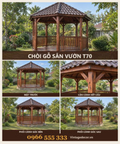 Chòi Gỗ Sân Vườn T70 - Lục Giác Bệ Đá Mái Ngói Nhựa Âm Dương, Gỗ Thông