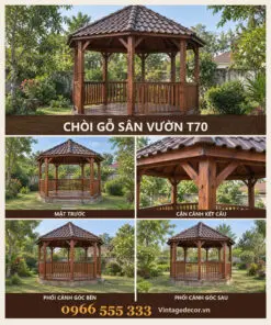 Chòi Gỗ Sân Vườn T70 - Lục Giác Bệ Đá Mái Ngói Nhựa Âm Dương, Gỗ Thông