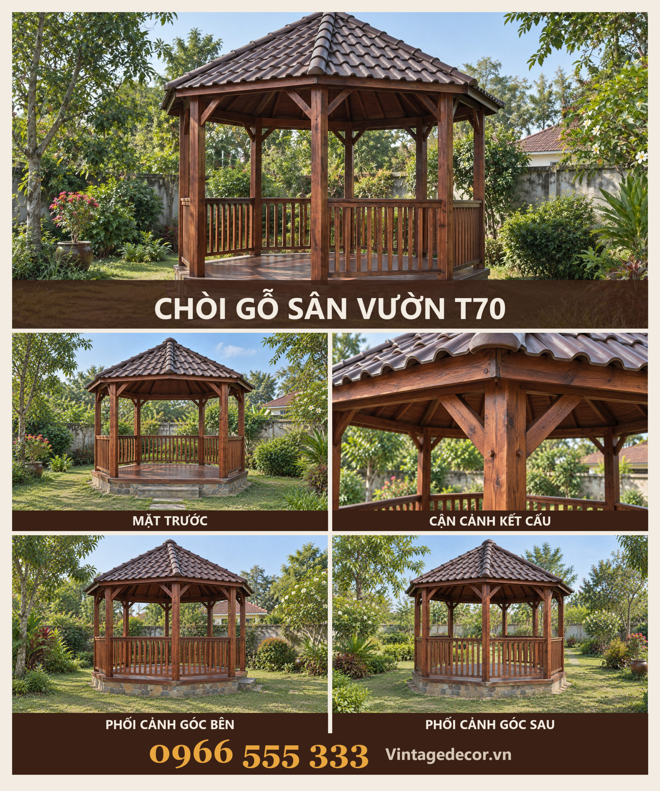 Chòi Gỗ Sân Vườn T70 - Lục Giác Bệ Đá Mái Ngói Nhựa Âm Dương, Gỗ Thông Chòi Gỗ Sân Vườn T70 - Lục Giác Bệ Đá Mái Ngói Nhựa Âm Dương, Gỗ Thông